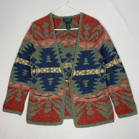 Lauren Ralph Lauren Hand Knit Southwestern Aztec Cardigan Linen Cotton